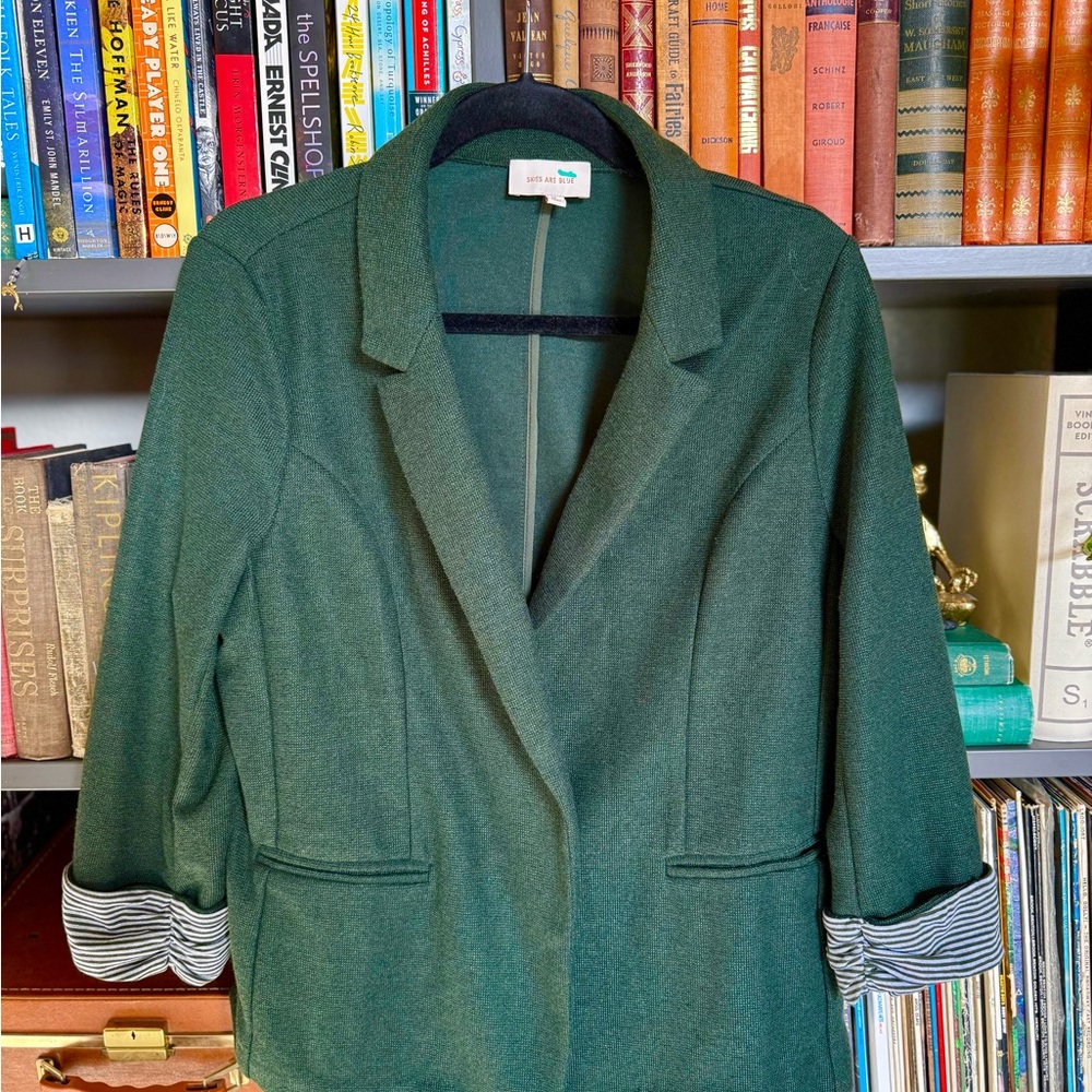 Skies Are Blue Forest Green Blazer with Striped Cuffs